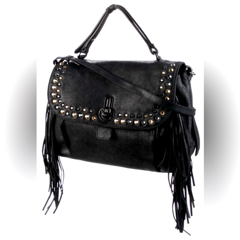 STUART WEITZMAN Black Leather Gold Silver Studded Western BOHO Satchel Hippy